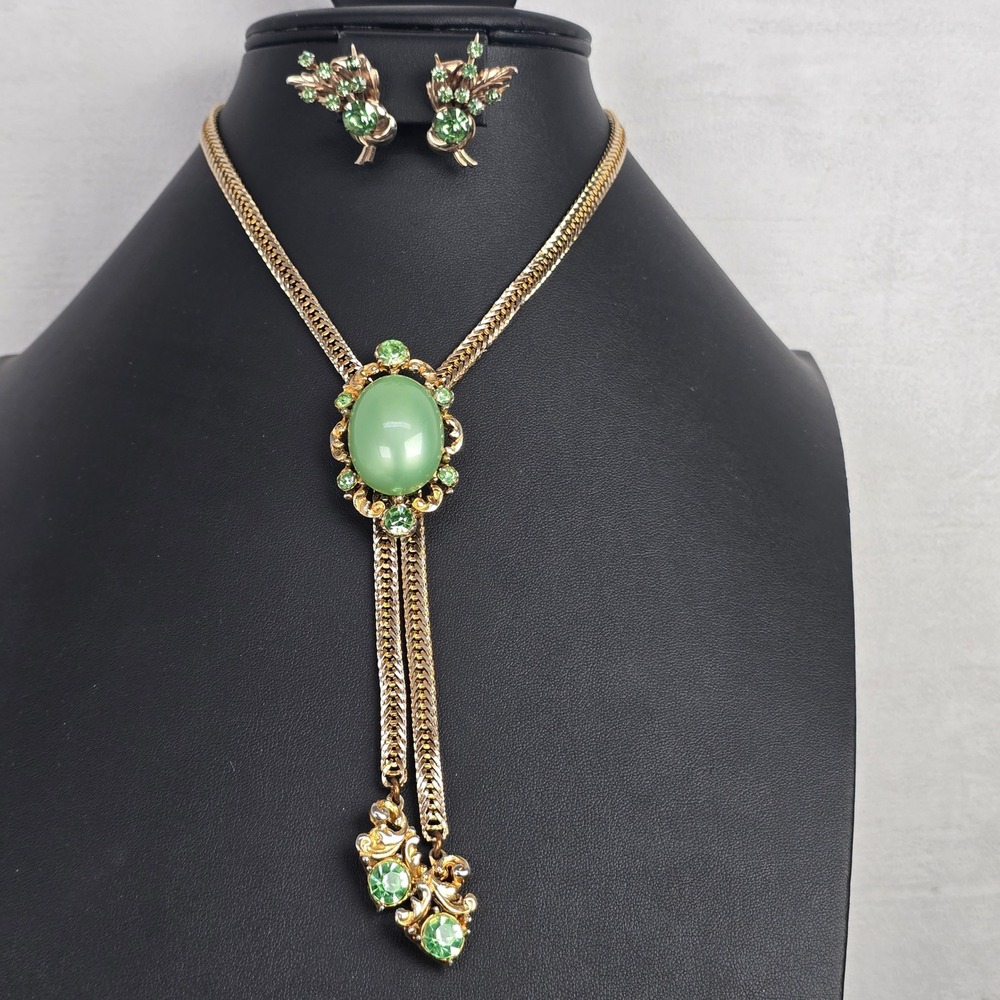 Vintage UV Glow Glass Green Rhinestone Bolo Slider Necklace Screw Back Earrings